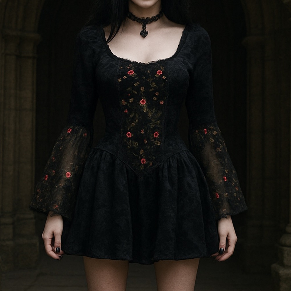 Jeannie nitro vintage black gothic mini bell sleeve dress L